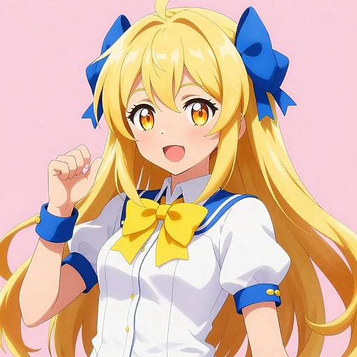 Digital anime illustration of a cute blonde girl with long hair, yellow eyes, blue bows, and a white sailor uniform with a yellow bow, smiling and