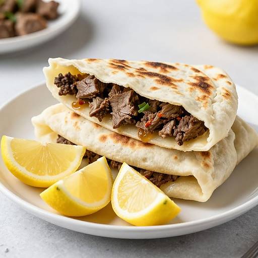 Photograph of stacked, grilled flatbread filled with shredded beef, garnished with yellow lemon slices on a white plate.