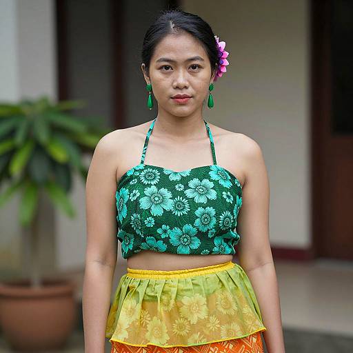 Stylish Asian Woman with Floral Outfit