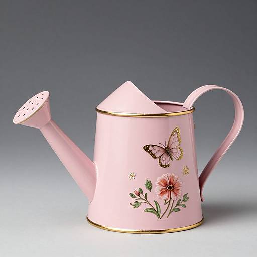 Photograph of a pastel pink, ornate garden watering can with gold trim, featuring a butterfly and flower design, set against a gradient blue-gray