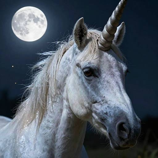 Photograph of a white unicorn with a spiraled horn, illuminated by a bright full moon, against a dark, starry night sky.