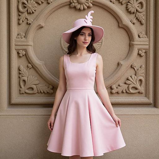 Photograph of a young woman with fair skin, dark hair, and pink dress, wearing a matching wide-brimmed hat with a white feather,