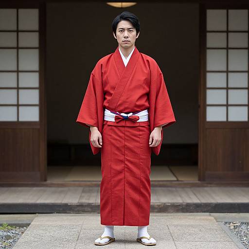 Photograph of a serious Japanese man in a vibrant red kimono with a white belt, standing in front of a traditional wooden door.