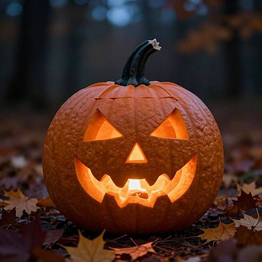 Photograph of a glowing jack-o'-lantern with triangular eyes and jagged teeth, surrounded by fallen autumn leaves in a dark forest.