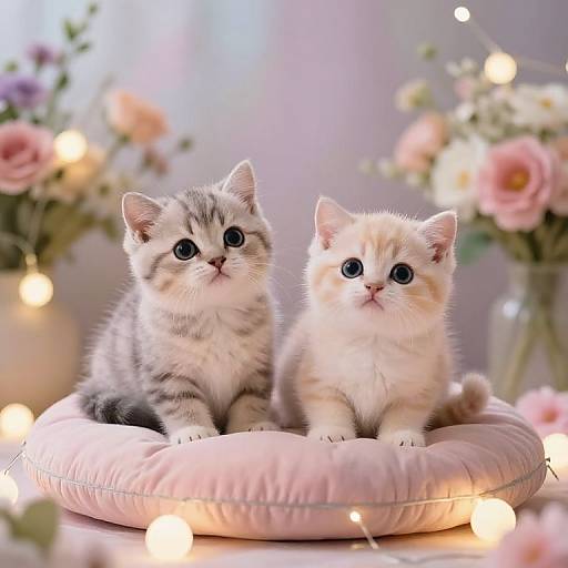 Photograph of two cute, fluffy kittens with large blue eyes, one with gray stripes and the other white, sitting on a pink cushion surrounded by soft