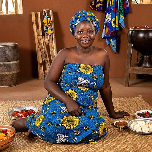 Photograph of smiling African woman in vibrant blue and yellow patterned dress and headwrap, seated on woven mat in rustic room, surrounded by bowls of