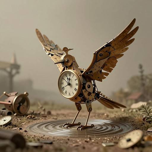 Steampunk clock bird sculpture with golden wings, standing on water ripples, surrounded by scattered clock parts in a misty, outdoor setting. Phot