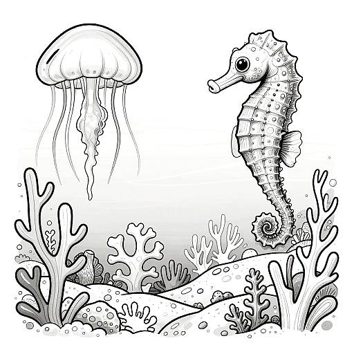 Black-and-white digital drawing of a seahorse and jellyfish in a coral reef, with detailed seaweed and bubbles.