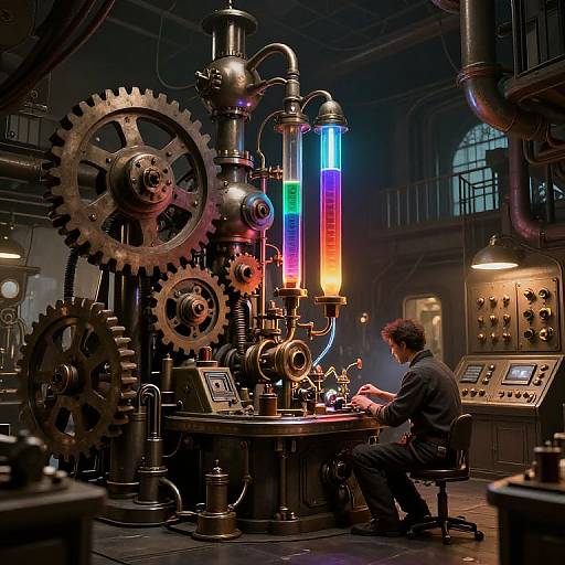Photograph-style CGI of a steampunk factory, a man in dark clothes sitting at a control panel, surrounded by large gears, pipes, and
