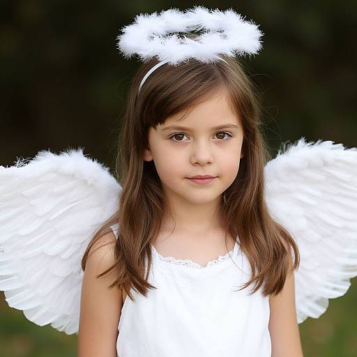 Photograph of a young girl with brown hair, wearing a white angel costume with fluffy wings and halo, set against a dark green blurred background.