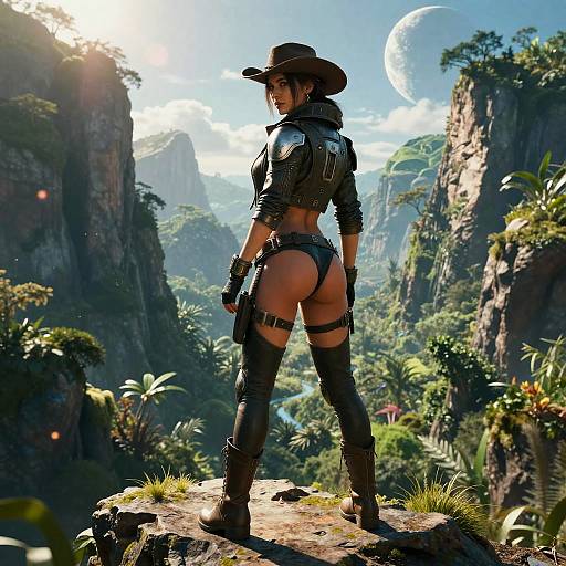 CGI image of a sexy, muscular woman in a black leather outfit, cowboy hat, and thigh-high boots, standing on a rock in a lush