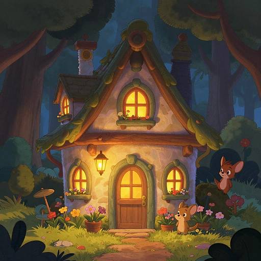 Whimsical, brightly-lit fairy-tale cottage in a dark forest, with glowing windows, colorful flowers, a deer, and a small mouse