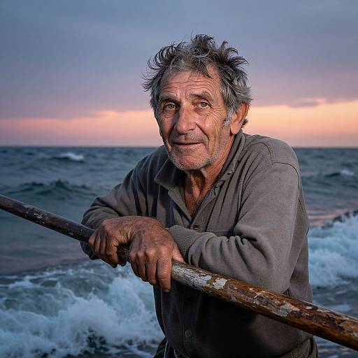 Photograph of a weathered, grey-haired man with a rugged beard, wearing a dark shirt, holding a wooden pole, against a sunset over a