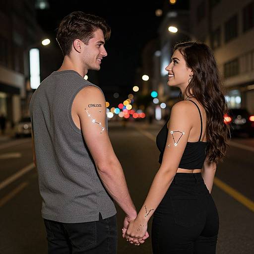Photograph of a smiling couple holding hands at night on a city street; both have white tattoos on their arms, wearing black and gray outfits, illuminated