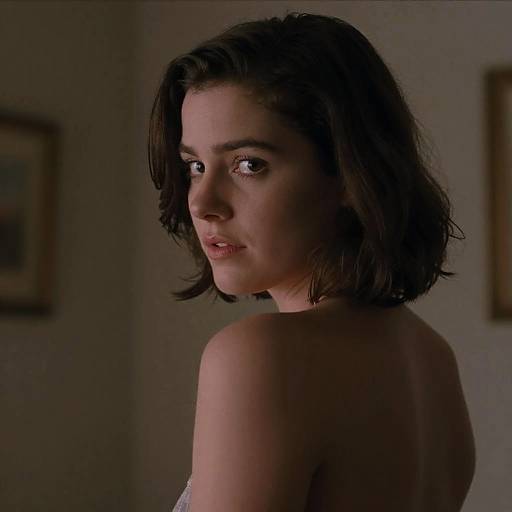 Photograph of a young woman with short, dark brown hair, looking over her shoulder, illuminated from the side, wearing a strapless top, in