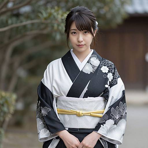 Photograph of a young Asian woman with black hair in a traditional black and white floral kimono, yellow obi belt, standing outdoors with blurred green