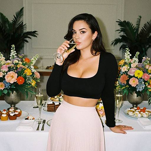 Photograph of a curvy woman with dark hair, wearing a black crop top and white skirt, sipping champagne at a floral-decorated,