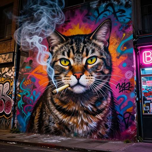 Cat Smoking Joint in Neon Street Art