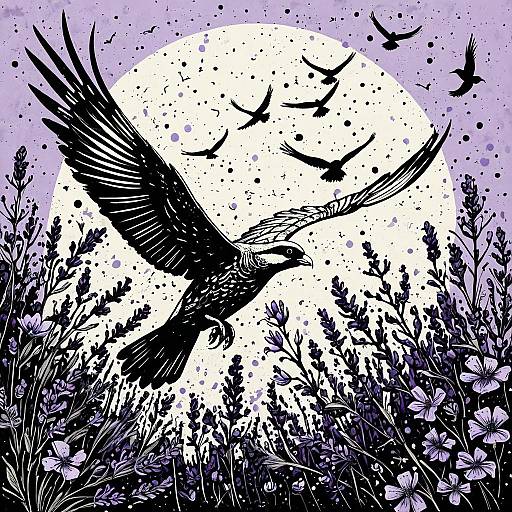 Surreal Bird Soaring Over Lavender Bushes
