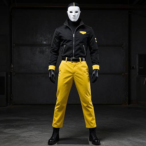 Photograph of a masked figure in black jacket, yellow pants, black gloves, and boots, standing against a dark industrial background.