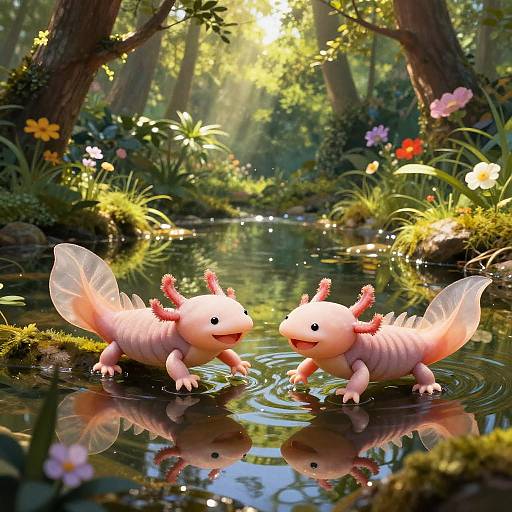 Digital artwork of two whimsical, pink, insect-like creatures with transparent wings, playing in a sunlit forest stream, surrounded by vibrant flowers and lush