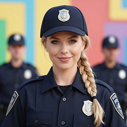 Photograph of a smiling blonde policewoman with a braid, black uniform, and cap, standing in front of blurred colorful background, flanked