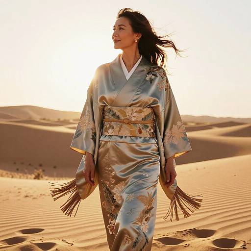 Mature Woman in Embroidered Silk Kimono in Desert