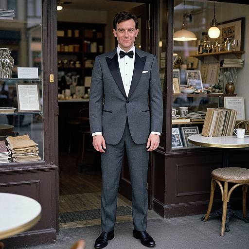 Photograph of a handsome man in a black tuxedo with a white shirt and black bow tie, standing in a cozy, lit café doorway.