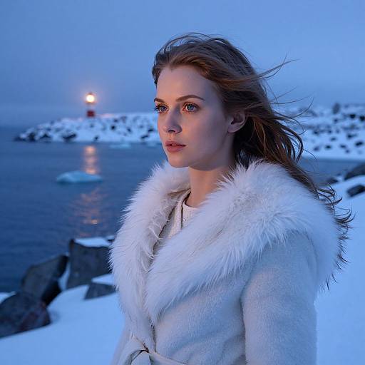 Photograph of a young woman with fair skin and brown hair in a white fur-trimmed coat, standing by a snowy seascape at twilight,