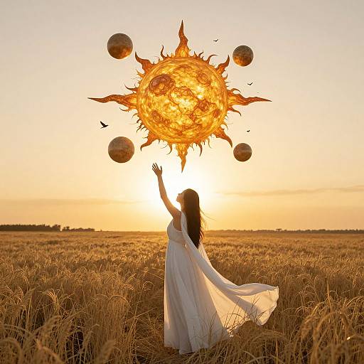 Photograph of a woman in a flowing white dress reaching up to a glowing, sun-like orb with floating orbs in a golden wheat field at sunset.