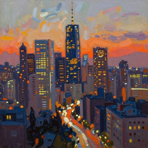 Vibrant cityscape painting of a skyscraper-laden skyline at dusk, with glowing orange and purple skies, illuminated buildings, and busy streetlights
