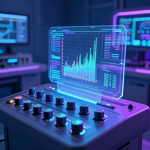Neon-lit electronic control panel with glowing blue waveform graph and colorful knobs in a futuristic lab, illuminated by purple and blue lights. Photographic realism