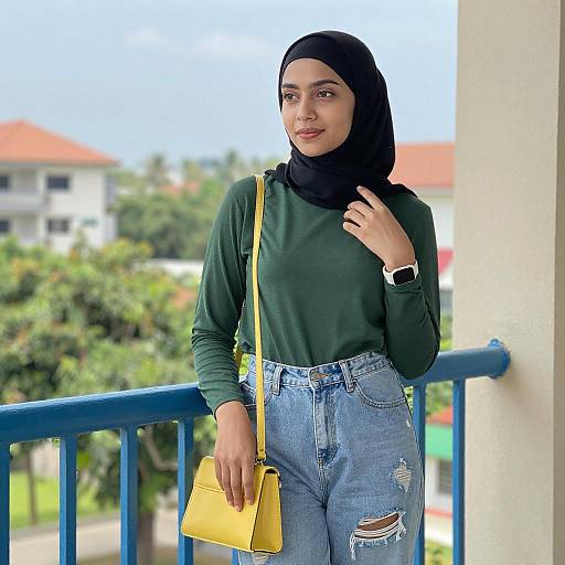 Young Woman on Balcony in Hijab