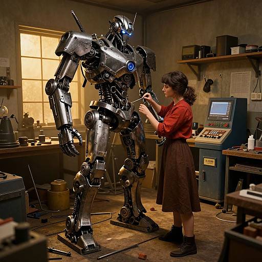 Woman Assembling Detailed Mechanical Robot