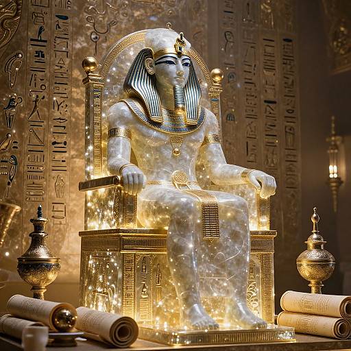 Photograph of a glowing, white, Anubis-like statue with blue-striped headdress, seated on a golden throne, surrounded by Egyptian hierog