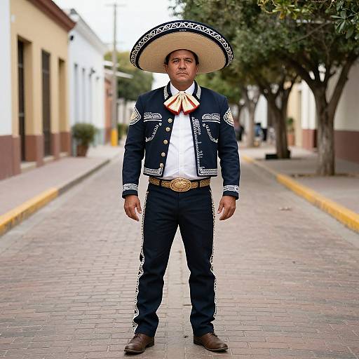 Photograph of a Mexican man standing on a street, wearing a large sombrero, dark blue charro suit, white shirt, and brown belt,