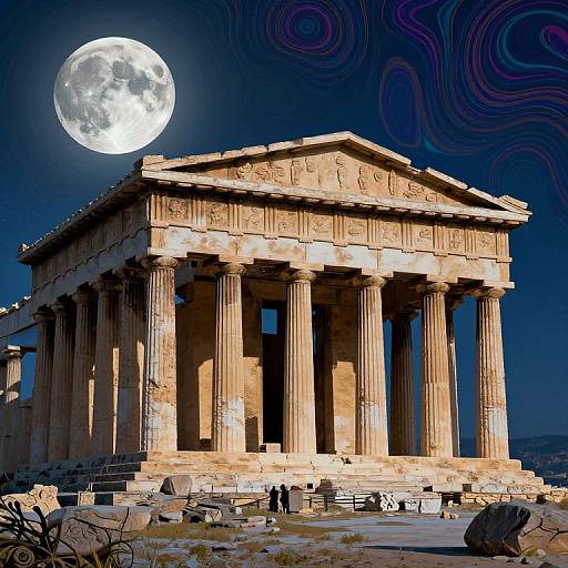 Photograph of ancient Greek Parthenon at night with a bright full moon, detailed columns, and intricate frieze, under a swirling dark blue