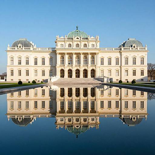 Photograph of a grand, white neoclassical palace with green domes, reflected perfectly in a calm, clear blue-water pond. Clear blue