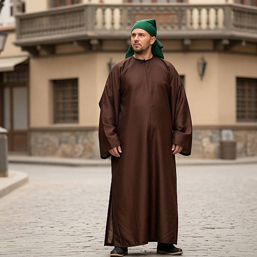 Thoughtful Man in Historical Cityscape