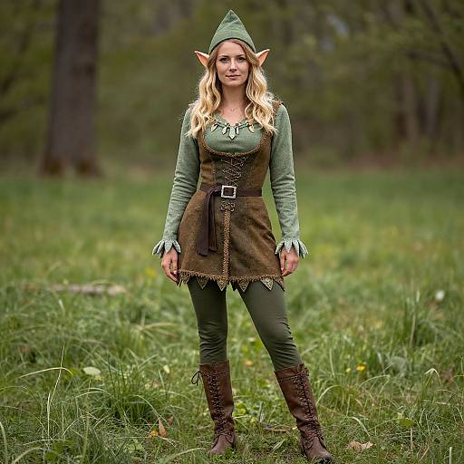 Photograph of a blonde woman with elf ears, wearing a green hat, long-sleeve shirt, brown dress, green pants, and boots,