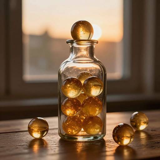 Amber Spheres in Glass Bottle
