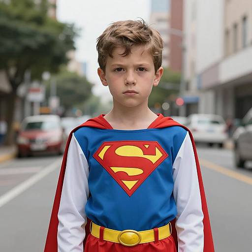 Boy in Superhero Costume on Urban Street