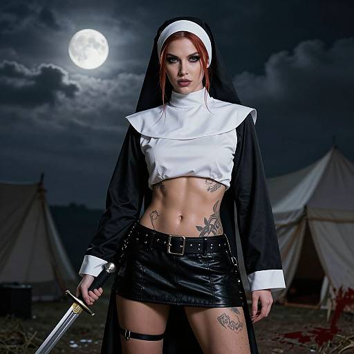 Photograph of a muscular, tattooed woman with red hair, wearing a nun's habit, white crop top, black leather skirt, thigh strap,