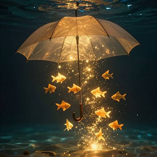 Photograph of a glowing transparent umbrella with floating golden fish and sparkling lights against a dark underwater background.