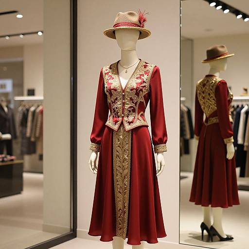 Photograph of a mannequin in an elegant, red velvet Victorian-style dress with gold embroidery, matching hat with pink feather, and black heels,