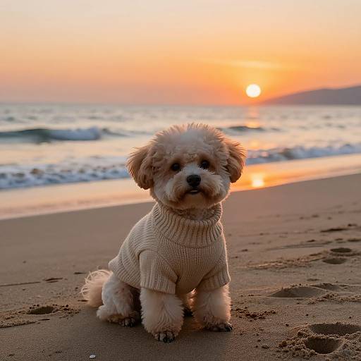 Photograph of a fluffy, light-brown and white puppy wearing a beige knit sweater, sitting on a sandy beach at sunset with a glowing orange sky