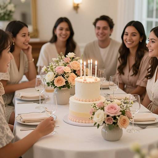 Photograph of five smiling friends around a white-clothed table with a two-tiered, candlelit cake and pink-white floral centerpieces.