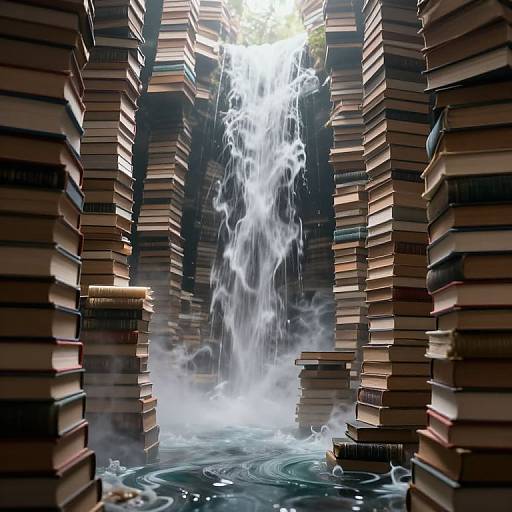 Photograph of stacks of books forming a narrow corridor, water cascading from the top, creating a dramatic, surreal waterfall effect.