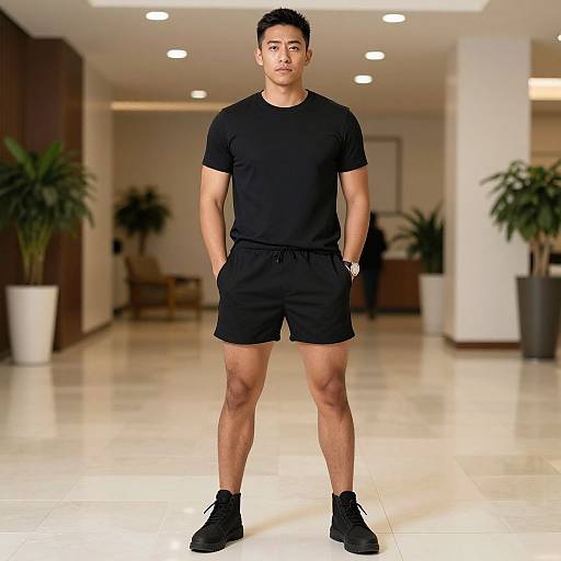 Photograph of a muscular Asian man with short black hair, wearing a black t-shirt, black shorts, and black sneakers, standing in a modern,