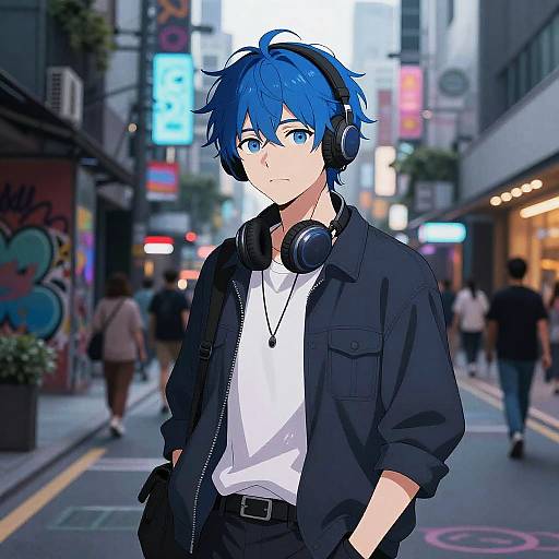 Anime-style digital illustration of a blue-haired boy with headphones, wearing a black jacket and white shirt, standing in a neon-lit urban street at night